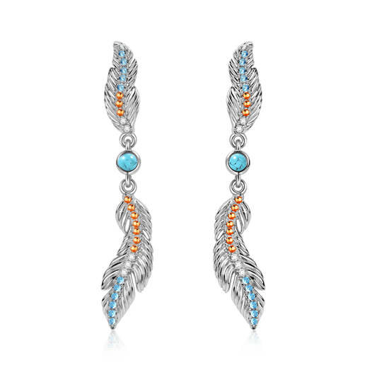 Feather Earrings Sterling Silver inlaid with Turquoise and Stones_1