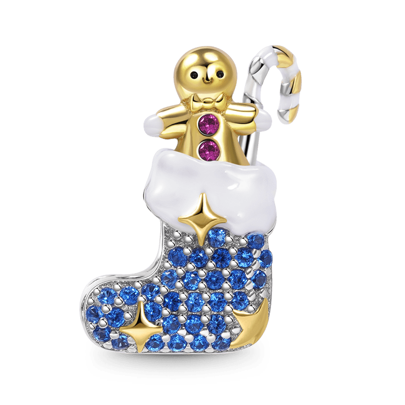 Christmas Stocking with Gingerbread Man and Candy Cane Charm Bead 925 Sterling Silver_1