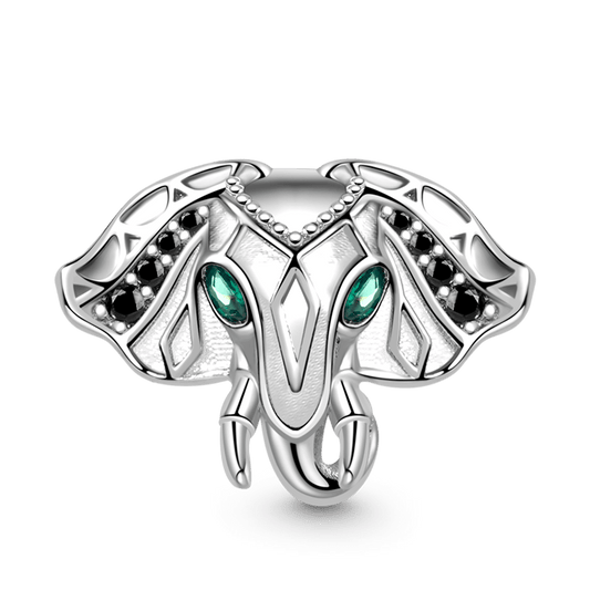 Elephant Charm Bead 925 Sterling Silver Inlaid with Black Stones and Green Zircon Eyes_1