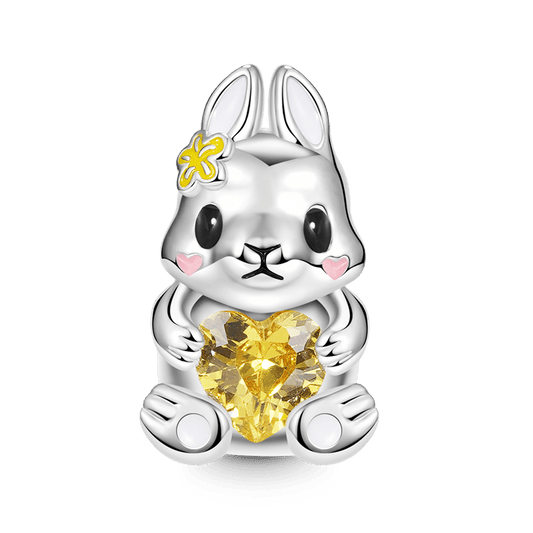 Cute Rabbit Embraces Heart Gemstone Charm Bead 925 Sterling Silver with Yellow & Pink Enamels_1