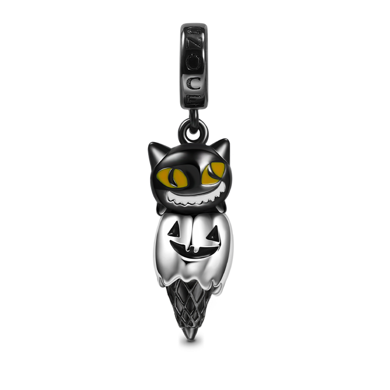 Black Cat & Pumpkin Monster Cone Pendant Dangle Charm 925 Sterling Silver Black Plated_1