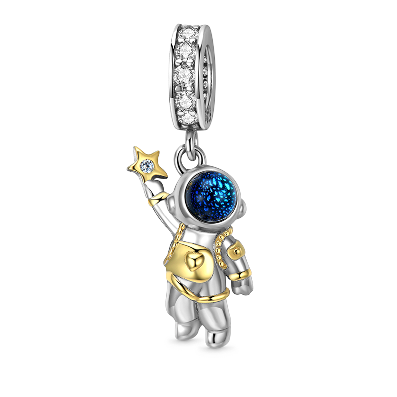 Astronaut in Outer Space Pendant Dangle Charm 925 Sterling Silver 18K Gold Plated_1