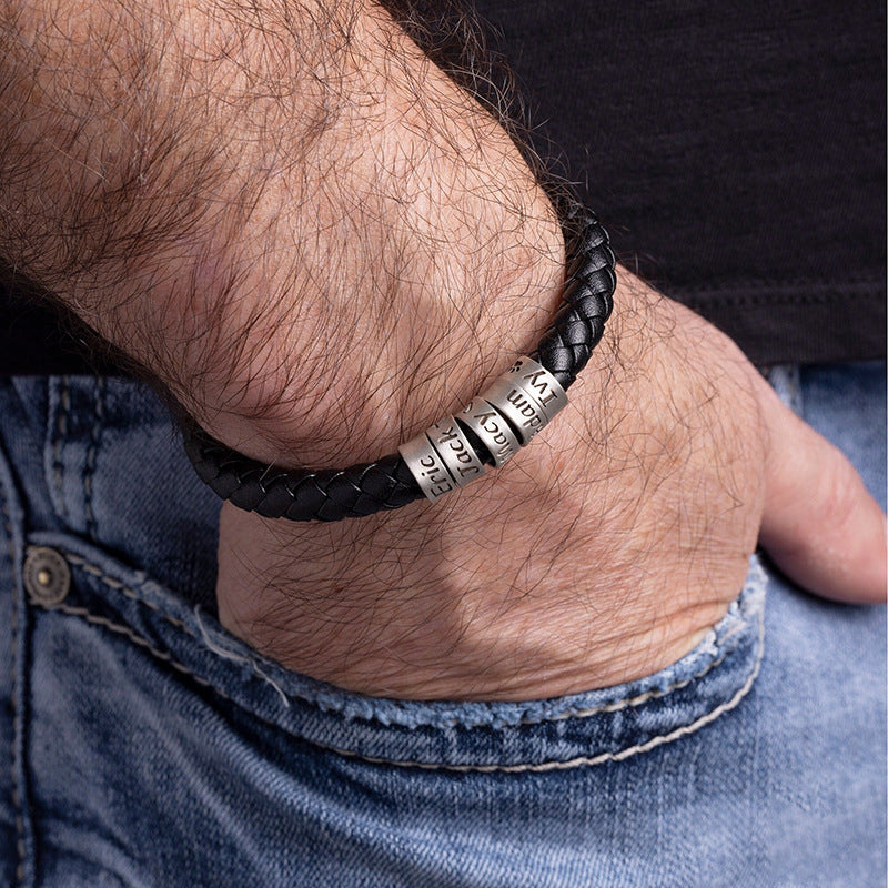 Gnoce Hip-hop Braided Leather Magnetic Clasp Engravable Bracelet_5