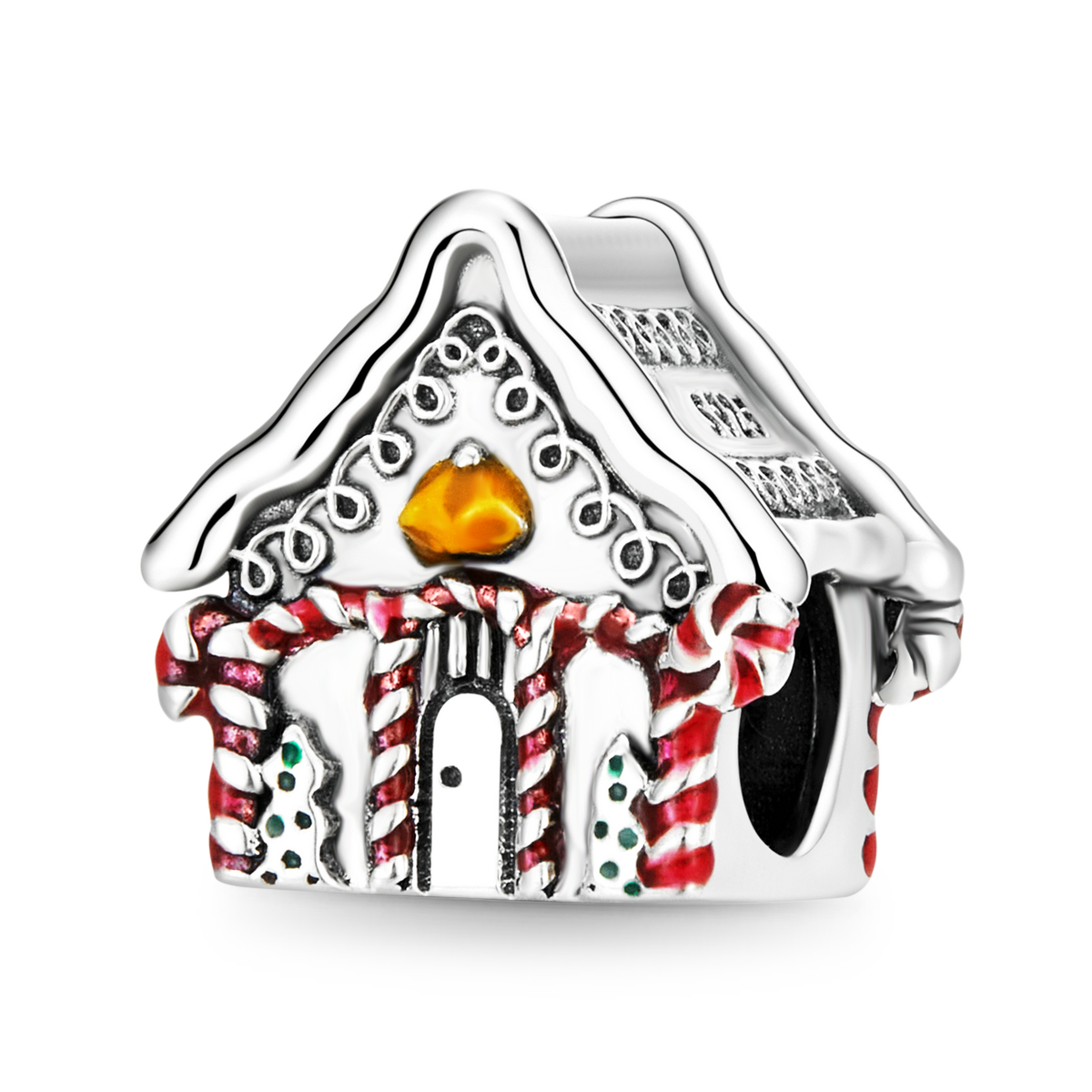 Christmas House Charm Bead 925 Sterling Silver with Candy Cane Element_1