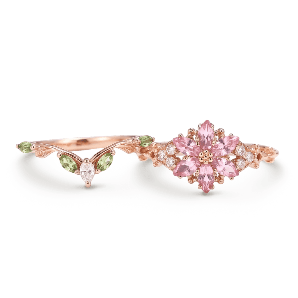 Gnoce Nature-Inspired Flower Pink Engagement Ring Set_4