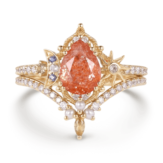 Gnoce Vintage Pear-Cut Sun Moon Engagement Ring Set_1
