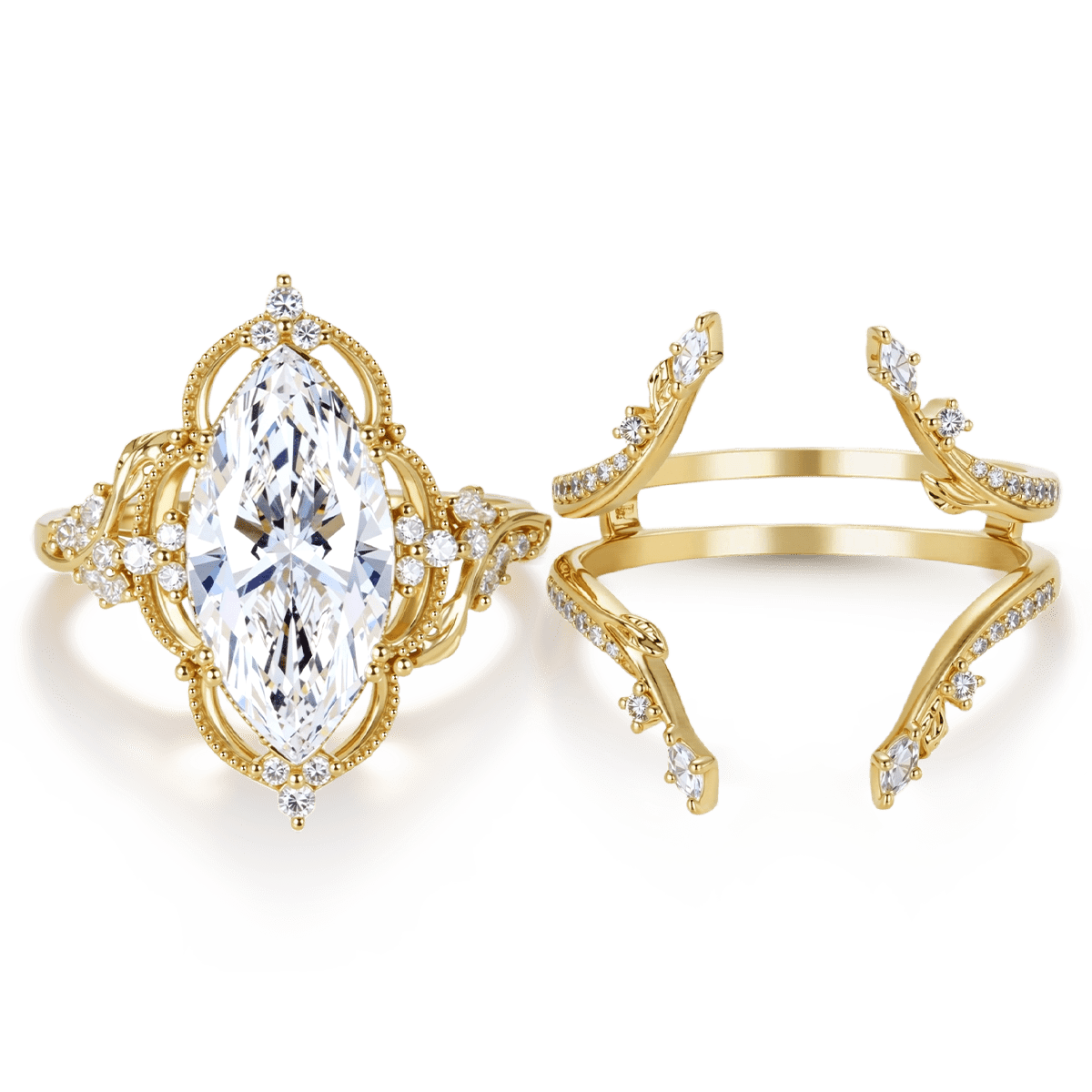 Gnoce Retro Style Leaf Marquise-Cut Engagement Ring Set_5