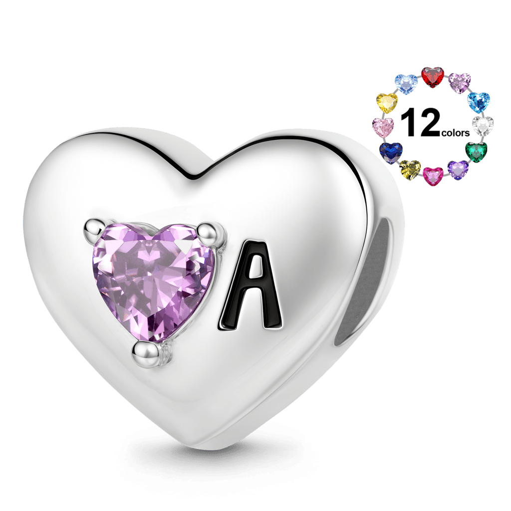 Gnoce Heart Customized Initial Birthstone Charm Platinum-plated Silver Blend_1