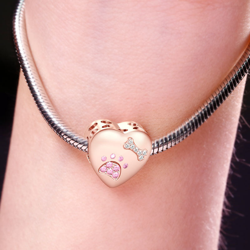 Gnoce " Paw Print and Bone of My Dog "High Polished Sterling Silver Plated with Rose Gold Cut Pug Dog Paw Print Hollow Hearts Photo Charms_3