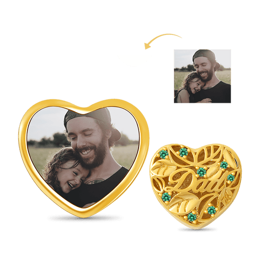 Leaves Heart-shaped Personalized Photo Charm Bead for Dad Sterling Silver 18k Gold Plated_1