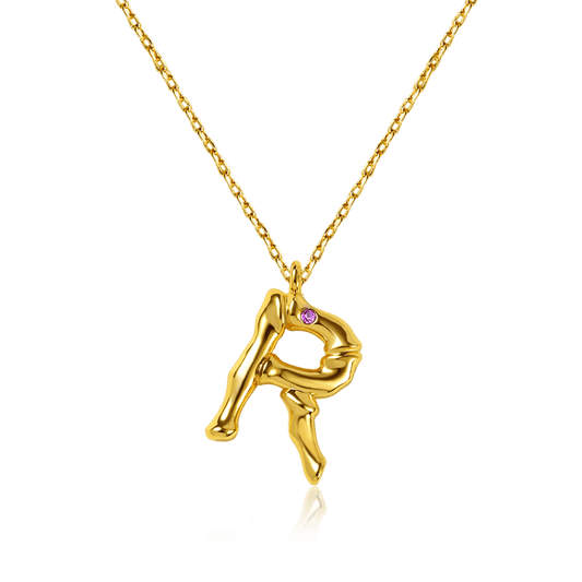 Letter R Pendant Bamboo Initial Necklace Adjustable Chain Length 18k Gold Plated 925 Sterling Silver_1
